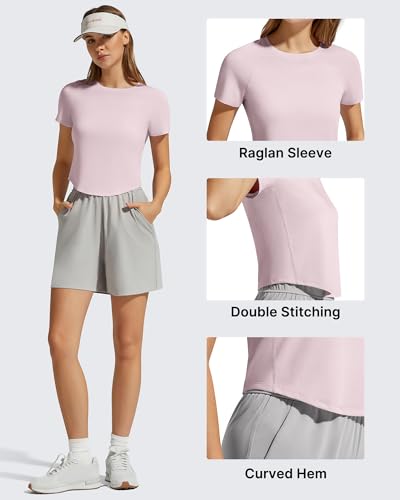 G4Free Athletic Tops for Women Breathable Relaxed Fit Crewneck Short Sleeve Waist Length T-Shirts Casual Lounge Tees(Light Pink,M) — view 5