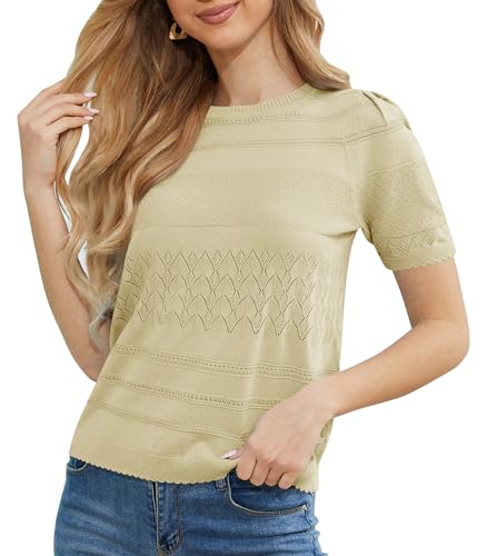 Image of 2024 Summer Women's Short Sleeve Kint Top Crew Neck Casual Ribbed Sweater Loose Textured Pullover Sweaters Tops