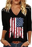 Women's Retro American Flag 3/4 Sleeve V Neck Shirt 4th of July Stars Stripes Graphic Long Sleeve Tee Summer Patriotic Tops(XXL,A-Black)