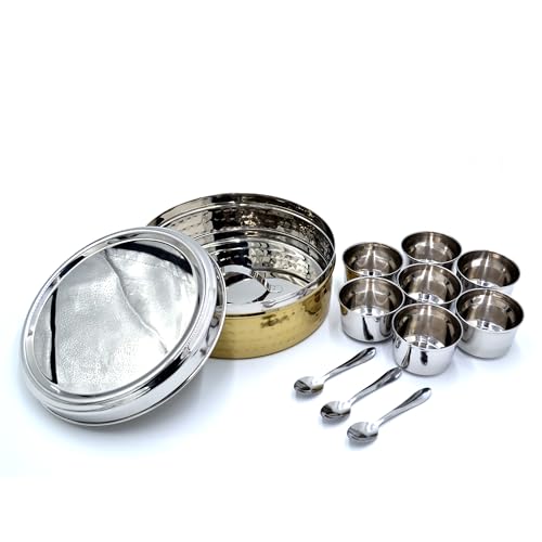 Winsor Spice Box Hammerd and Gold Finish Container | Masala Dabba With 11 Compartments Indian Masala Dabba with Lid