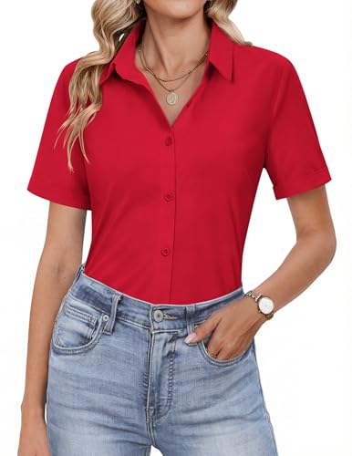 HOTOUCH Button Down Shirts for Women Short Sleeve Business V Neck Blouse