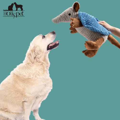 Image of Hollypet Plush Dog Squeaky Toy Stuffed Armadillo Animal Pet Puppy Chew Toys with Clean Teeth for Small Medium Large All Breed Sizes Dogs, Blue, 14 in