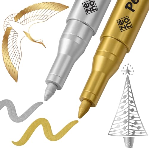 ZENO 2 Metallic Paint Pens – Goud en Zilver Permanente Markers met Oliebasis, 0.7mm Extra Fijne Punt voor Steen, Glas, Stof, Plastic, Kaarten & Feestdecoraties