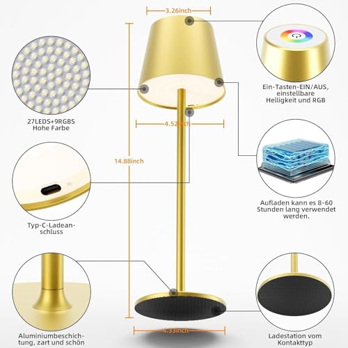 Keepoo Tischlampe Kabellos Dimmbare LED Akku Tischleuchte, Wiederaufladbar Warme Lichtfarbe 3000K+RGB Aluminium Outdoor Tischlampe wasserdicht für Restaurant,Schlafzimmer,Bar,IP54 (Gold 1 Stück)