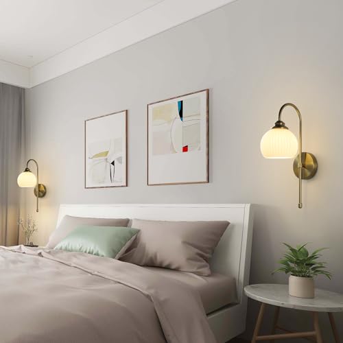 Image of KCO Lighting Gold White Cordless Wall Sconces Mid Century Modern Bedroom Sconces Set of 2 Milk Glass Wall Lamps Antique Brass Wall Light Set of Two Retro Bathroom Vanity Light Fixtures