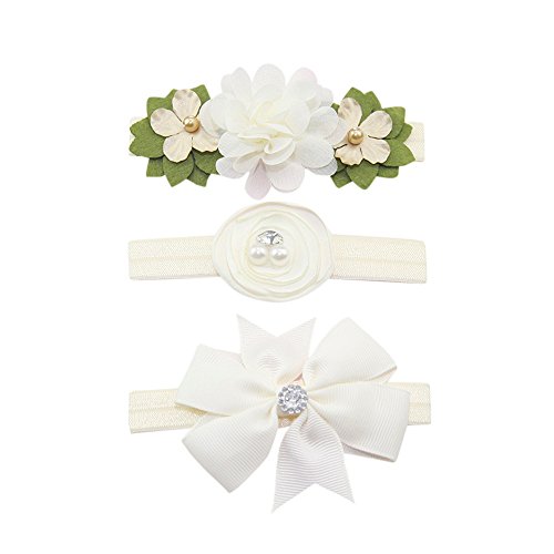 DAY8 3 Pcs Bandeau Cheveux Bébé Fille Baptême Fleur Bandeau Bébé Fille Naissance Cérémonie Photographie Enfant Headband élastique Fête Cadeau Naissance Bébé Anniversaire 0.5-5 Ans (38cm,Élastique, A) Cover