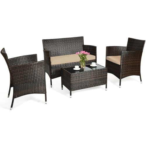 COSTWAY 4-teiliges Gartenmöbel Set, Polyrattan Balkonmöbel Set mit Sitzkissen, Rattan Sitzgarnitur für 4 Personen, Terrassenmöbel Sitzgruppe für Garten, Terrasse, Balkon (Braun)