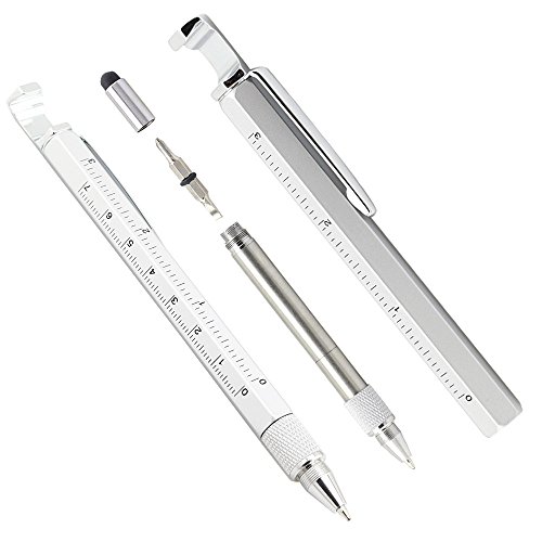 Jiulyning 7 in 1 Tech Tool Pen with Ruler, Bottle Opener, Phone Stand, Ballpoint Pen, Stylus and 2 Screw Driver, Multifunction Tool Fit for Mens Gift (Silver)