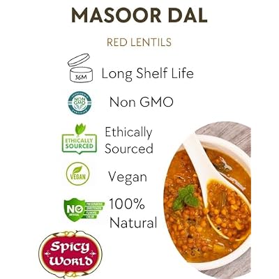 Masoor Dal 4 Pound Bag - Split Red Lentils Dry - All Natural, Pure, Vegan - Resealable Bag by Spicy World
