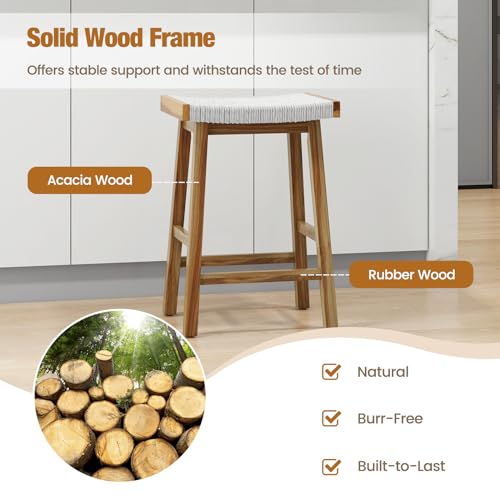 Conjunto de 4 butacos de taburete con asiento tejido de algas marinas, altura de barra de 25,5 pulgadas, estructura de madera de caucho y acacia, reposapiés, para isla de cocina y comedor, color natural miniatura 6