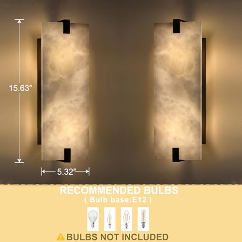 Image of 2 Light 15.7 inch Natural Square Alabaster Marble Bathroom Wall Sconce Modern Concise Style Wall Light Fixture,Oil Rubbed Bronze Finish for Bedroom Hallway Bedside Living Room