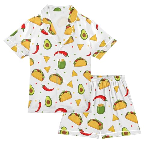 Satin Pajama Sets Short Sleeve Yummy Mexican Food Pattern Button Down Silky Nightwear 2 Piece PJS 5-14Y