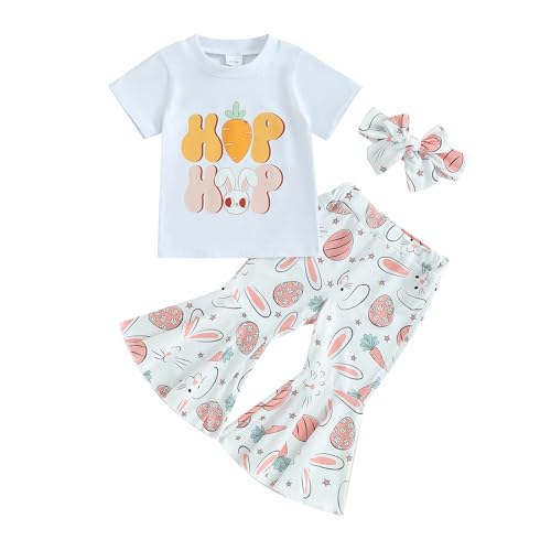 Kupretty Easter Outfits for Toddler Girls Clothes Bunny T-Shirt Tee Tops + Flare Pants + Headband Baby Bell-bottoms Set (A White, 12-18 Months)
