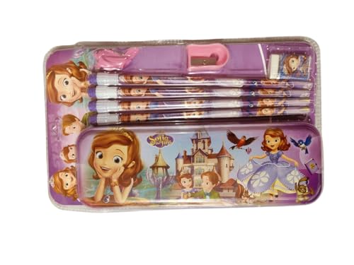 Image of Kidox Stationery Set for Kids- Birthday Gift for Girls, Boys - Metal Geometry Box for Girls & Boys Kids Pencil Box Set, Pencil Case Set, Pencil, Erasers, Sharpener for Children-Princes Sofia