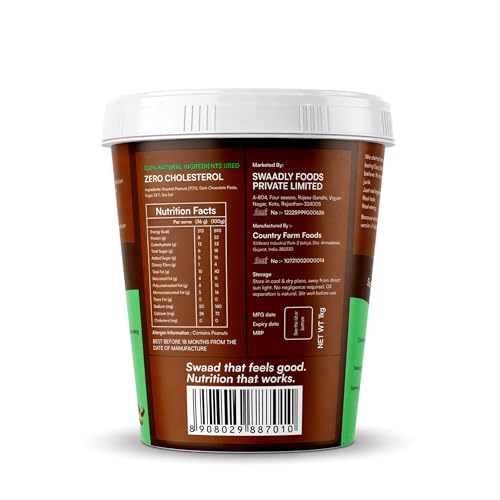 Image of Swaadly Chocolate Crunchy Peanut Butter 1KG | High Protein Spread | Source of Dietary Fibre | No Palm Oil | Made with Natural Ingredients | Healthy Breakfast & Fitness Snack