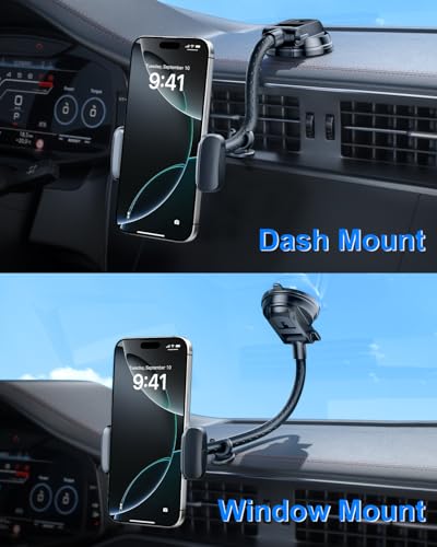 Image of OATSBASF Car Phone Holder Mount with Flexible Gooseneck Long Arm, Phone Mount for Car Holder Dashboard /Suction Cup /Window [Washable Strong Suction Cup] Fit for iPhone Smartphones (C24-Black)