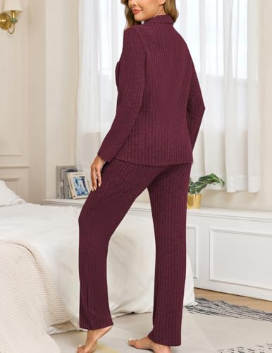 Image of Veseacky Women's Ribbed Knit Pajamas Set 2 Piece Warm Soft Loungewear Sleepwear Pjs S-XXL