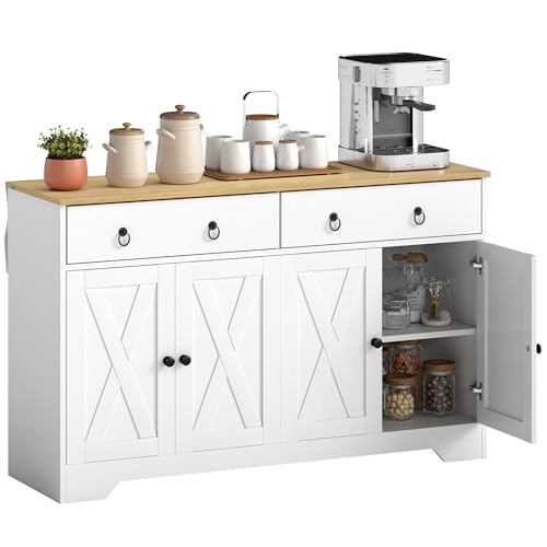 HOMCOM Buffet Meuble de Rangement Armoire de Cuisine Style Rural 2 tiroirs et 2 placards avec étagères à hauteurs réglables - dim. 121L x 37l x 75H cm Blanc