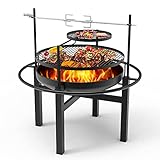 Signstek 32” Fire Pit,Outdoor Wood Burning Steel BBQ Backyard with Cooking Grill,23” Fire Pit Bowl Set,Round Spark Screen,Camping Picnic,Garden,Beaches,Park,Bonfire,Rotating spit,Roast Chicken Fork