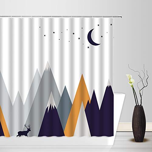 Amhnf Mountain Shower Curtain Abstract Elk Deer Roaming Below Mountain Moon Star Outdoor For Kids Home Bathroom Decor Quick Dry Fabric With 12 Hooks，70X70 Inch，White Gray Navy #TOP2