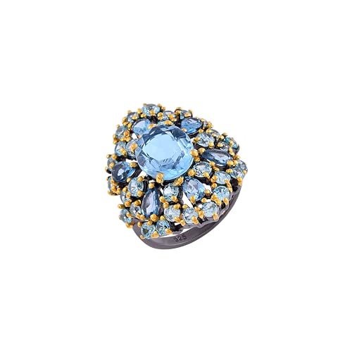 Bague en argent 925 rhodié noir et topaze bleue naturelle ovale taille 68