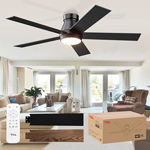 TCL 52″ Ceiling Fan with Lights, Black Flush Mount Ceiling Fans with Remote Control, 6 Speeds DC Reversible, Dimmable, Noiseless, Low Profile Ceiling Fans for Bedroom