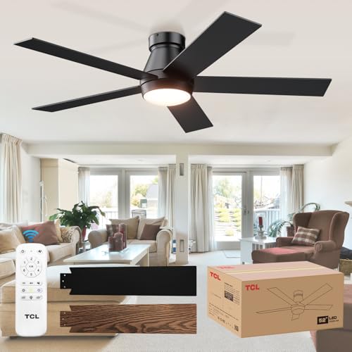 TCL 52' Ceiling Fan with Lights, Black Flush Mount Ceiling Fans with Remote Control, 6 Speeds DC...