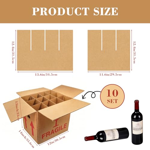 Image of 10 Pack 14 inch x 12 inch x 13 inch Wine Bottle Moving Boxes with Dividers Handles, Corrugated 12 Bottle Storage Carrier for Glassware, Bottles, Dishes Moving