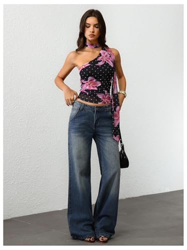 Image of RoseSeek Women's Y2K Leopard Polka Dots Halter Asymmetrical Neck Crop Tops