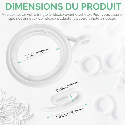 WCIC Lot de 48 anneaux de rideaux et crochets – Anneaux de suspension en plastique blanc de 30 mm avec crochets pour rideaux – vue 3