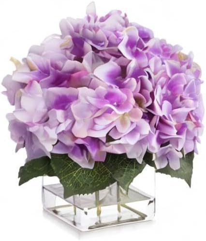 Miniatura 7 de ENOVA FLORAL Hortensias artificiales de seda en jarrón con agua sintética, arreglos florales de seda en jarrón para decoración del hogar, mesa de