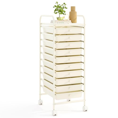 COSTWAY Chariot de Rangement à roulettes avec 10 Tiroirs Plastiques Amovibles, Tour de Rangement à roulettes, Cadre en Métal, Desserte pour Cuisine Salle de...