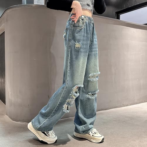 Wide Leg Ripped Jeans for Girls Baggy Elastic High Waist Hole Y2K Denim Pants Streetwear Straight Kids Fall Bottom3