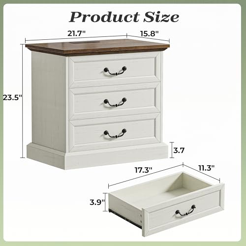 Huuger Nightstand with Charging Station, 3 Drawer Night Stand Set of 2, 22 Inch Wider Side Table with Storage, Farmhouse Nightstand with Vintage Handles, Thicken Base, for Bedroom, Distressed White - Image 2