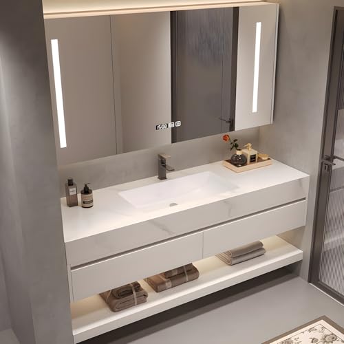 PONLTTEY 40" Bathroom Vanity with Sink, Sink Bathroom Vanity with Smart LED Defog Mirror Cabinet, Ceramic Sink, Display Time, Soft Closing, Fully Pre-Assembled, Ample Storage, Wall Mounted