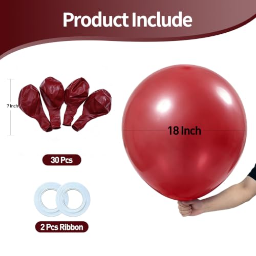Image of KALOR 18 Inch Burgundy Red Large Latex Round Balloons 30-Pack