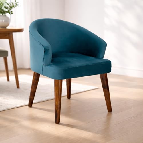 Image of DaneWood Plush Velvet Dining Chair, Cushion Seat, Sheesham Wood Frame & Legs, Premium Accent Chair for Living Room, Bedroom, Dining Room, Cafe & Restaurant Upholstered Barrel Arm Chair | Single, Blue