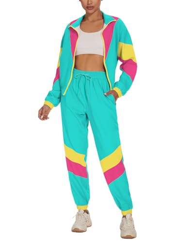 UOUA Women's Color Block 2 Piece 80s 90s Outfits Long Sleeve Windbreaker Jacket Tracksuit Set