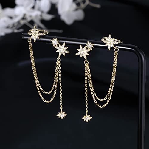 SLUYNZ 925 Sterling Silver Fashion Star Cuff Earring Chain for Women Star Crawler Earring Wrap Earrings3