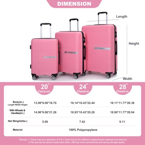 3 Pieces of Luggage, Suitcase, Luggage Set, Trolley, Travel Case, with Spinner Wheels, Combination Lock, 20/24/28 Inches,Pink3