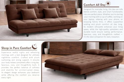 Image of Rosebell Modern Wooden 3-Seater Sofa Cum Bed Foldable Velevt Fabric Sofa for Living Room, Guest Room & Office-Brown-Color
