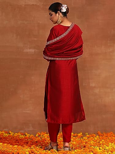 Image of INDO ERA Women's Polyester Maroon Embroidered Straight Kurta Trouser with Dupatta Set