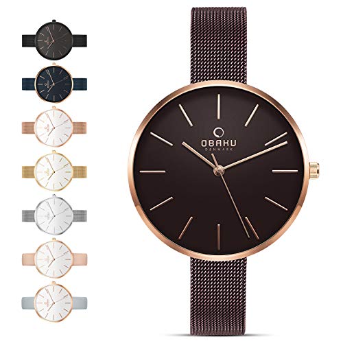 Obaku Womens Classic and Modern Dress Watch with Stainless Steel Mesh Band in Walnut | Scratch & Water Resistant | 36MM 3-Handed Watch