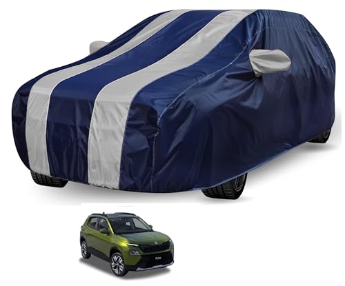 Image of Auto Hub Car Cover Compatible with Skoda Kylaq with Mirror Pocket, Water Resistant, Triple Stitched, Kylaq Car Cover- Navy-Silver