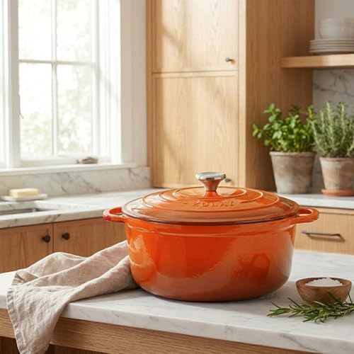 Image of Zulay Kitchen 7.7 Quart Enameled Cast Iron Dutch Oven Pot with Lid - Premium Durability & Oven Safe up to 500F - Heavy Duty Cookware Perfect for Bread Baking, Stews, Braising & Roasting - Orange