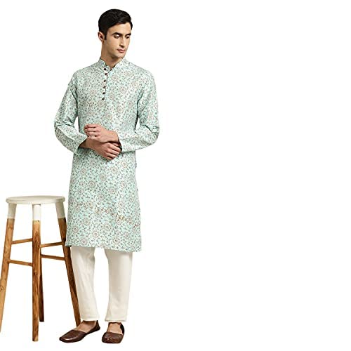 sojanya (Since 1958 Men's Silk Blend Sea Green Kurta & Off White Churidar Pyjama Set Size 36-picture-21