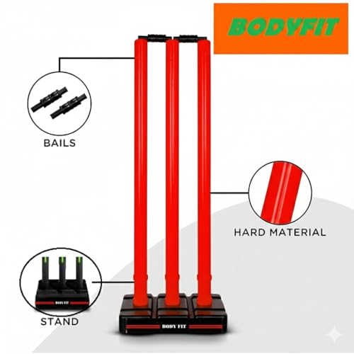 Image of Bodyfit Heavy Cricket Stumps | Plastic Wickets Set with 3 Stumps + 2 Bails + 1 Stand | Full Size Wickets for Cricket Ground, Tournament Wicket. (Red-Black)