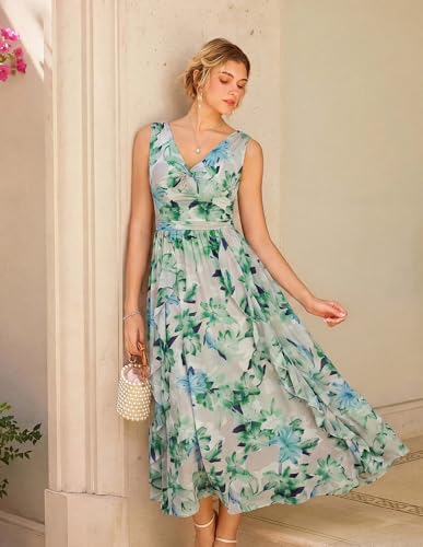 Image of GRACE KARIN Women's Summer Sleeveless Floral Maxi Dress V Neck Formal Wedding Guest Dress A Line Beach Vacation Clothes