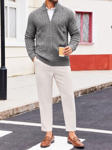 Runcati Mens Full Zip Cardigan Sweater Casual Cable Knitted Mock Neck Ribbed Winter Sweaters4