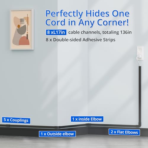 Cord Hider Wall for One Cord 136in, ZhiYo Cord Covers for Wires on Wall, Easy Install Cable Cover Wall, Black Cable Raceway Hide Cords, Cable Hider Cord Management Wall, 8X L17in, W0.6in H0.4in by ZhiYo - Image 3